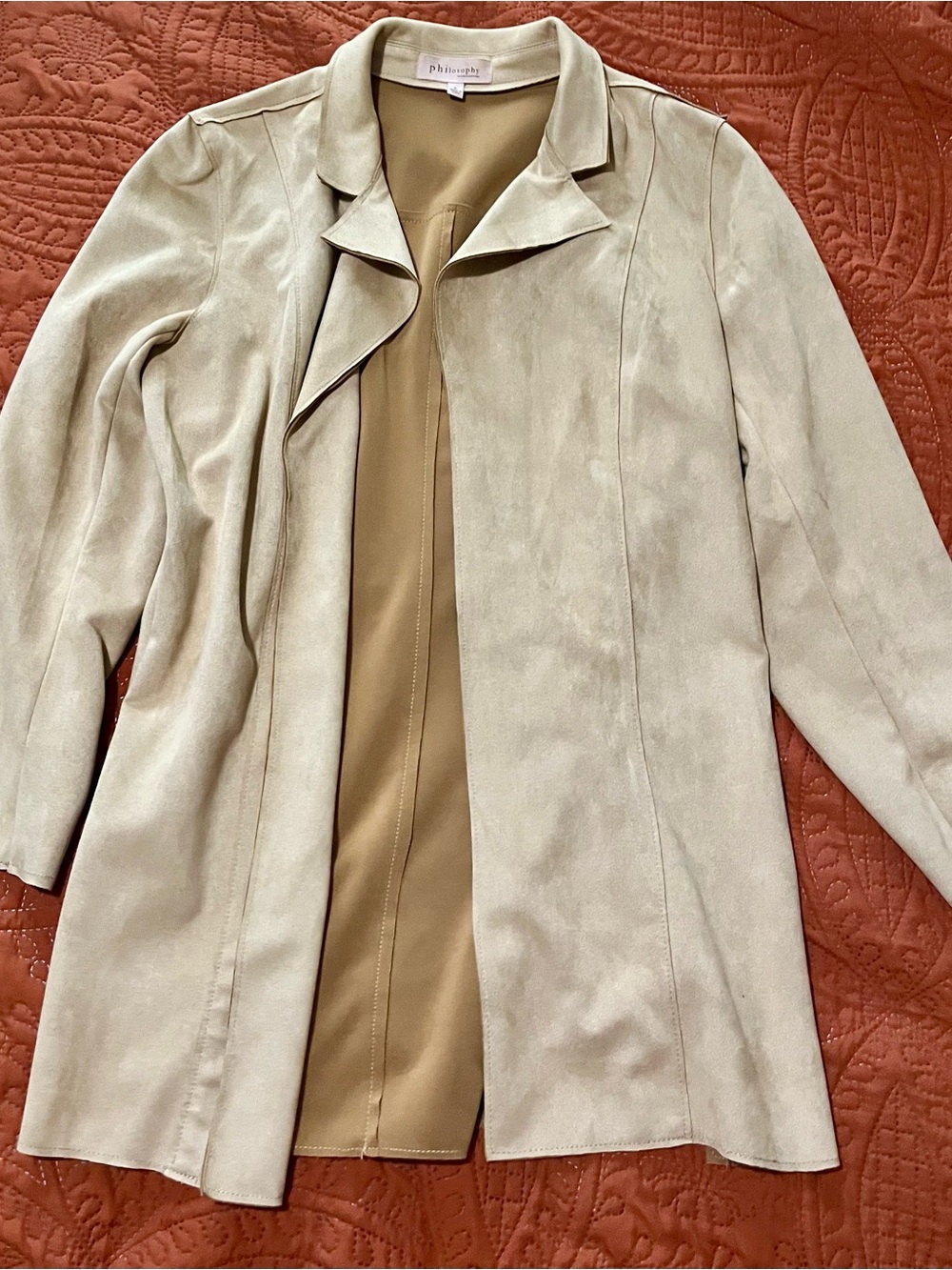 Philosophy Light Cream Suede-Look Open Front Trench Coat